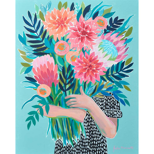 Garden Girl With Dahlias Stretched Canvas Wall Art