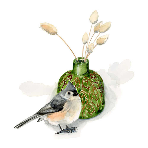Watercolor Titmouse With Green Vase Stretched Canvas Wall Art