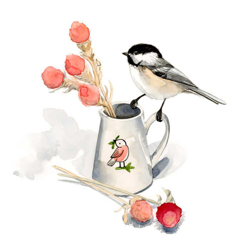 Watercolor Chickadee On Vase Stretched Canvas Wall Art