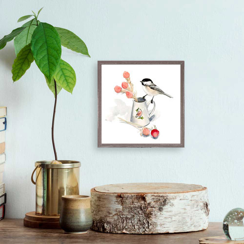 Watercolor Chickadee On Vase Mini Framed Canvas