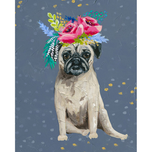 Fancy Pugs - Floral Stretched Canvas Wall Art
