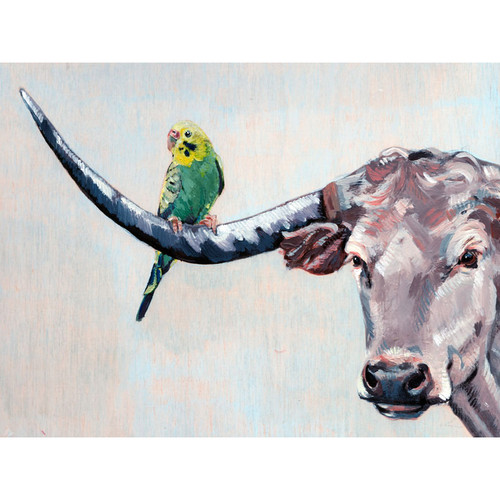 Longhorn Louie With Parakeet Stretched Canvas Wall Art