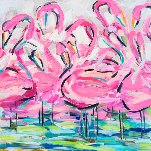 Flamingos In A Flock Stretched Canvas Wall Art