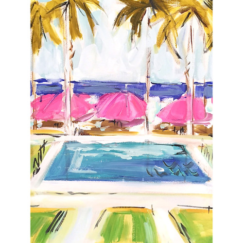 Pink Umbrellas By The Pool Stretched Canvas Wall Art