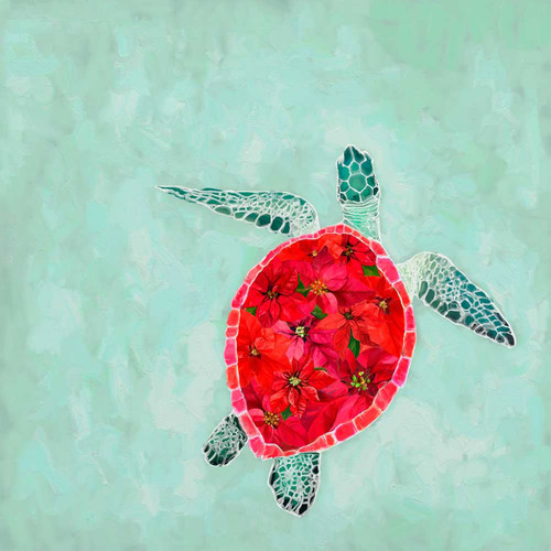 Holiday - Poinsettia Sea Turtle Stretched Canvas Wall Art
