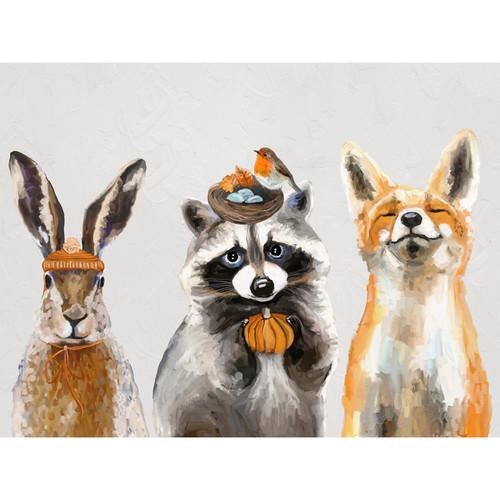 Fall - Thankful Raccoon and Pals - Gray Stretched Canvas Wall Art