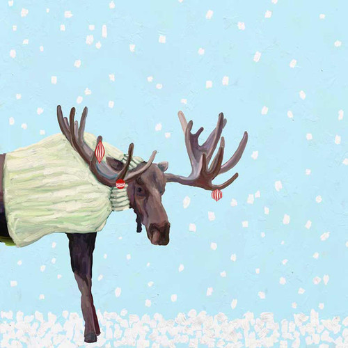 Holiday - Snowy Moose In Sweater Stretched Canvas Wall Art