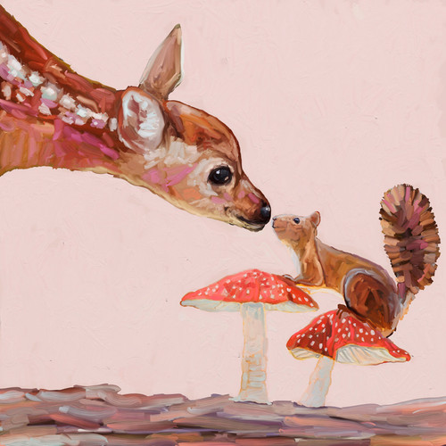Deer And Squirrel Pals Stretched Canvas Wall Art