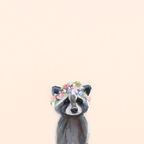 Baby Raccoon With Flowers - Cream Stretched Canvas Wall Art