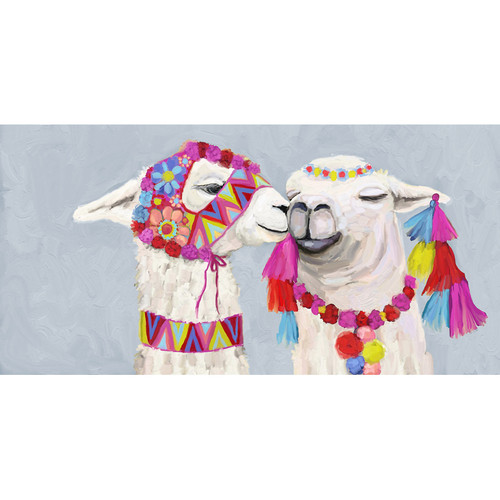 Llama Pair With Poms - Soft Blue Stretched Canvas Wall Art