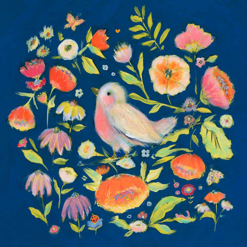 Bird In A Blue Garden Stretched Canvas Wall Art