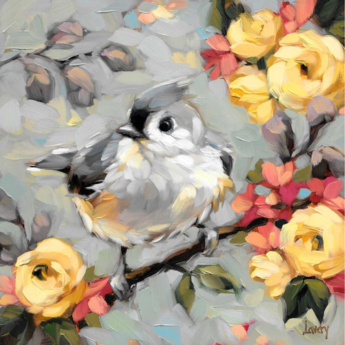 Tufted Titmouse On Gray Stretched Canvas Wall Art