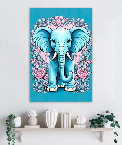 Blue Elephant and Roses Canvas Wall Art
