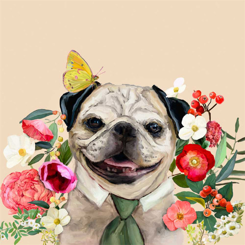 Floral Pug Portrait Stretched Canvas Wall Art