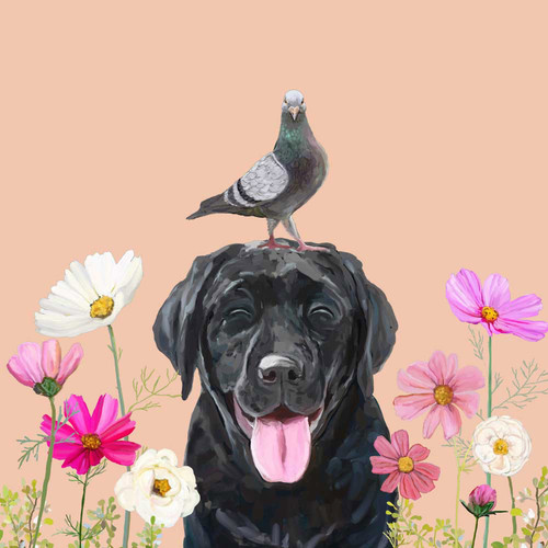 Dogs And Birds - Black Lab - Pastel Stretched Canvas Wall Art