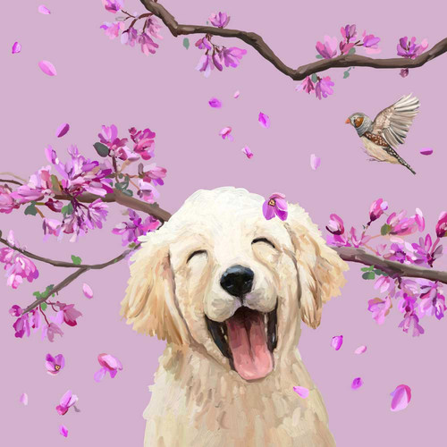 Dogs And Birds - Golden Retriever Pup - Pastel Stretched Canvas Wall Art