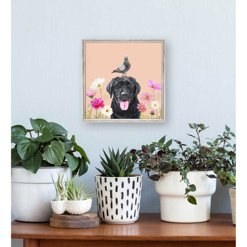 Dogs And Birds - Black Lab - Pastel Mini Framed Canvas