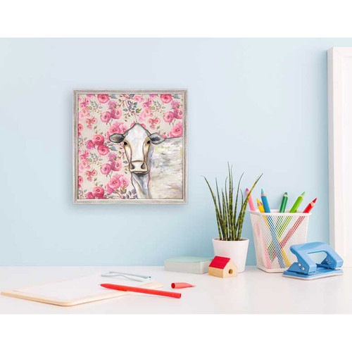 Cow - Floral Mini Framed Canvas
