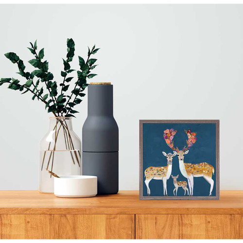 Fallow Deer Family - Blue Mini Framed Canvas