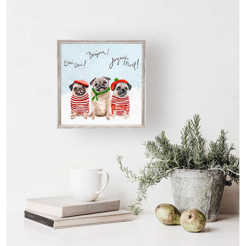 Holiday - 3 French Pugs - Red & Green Mini Framed Canvas