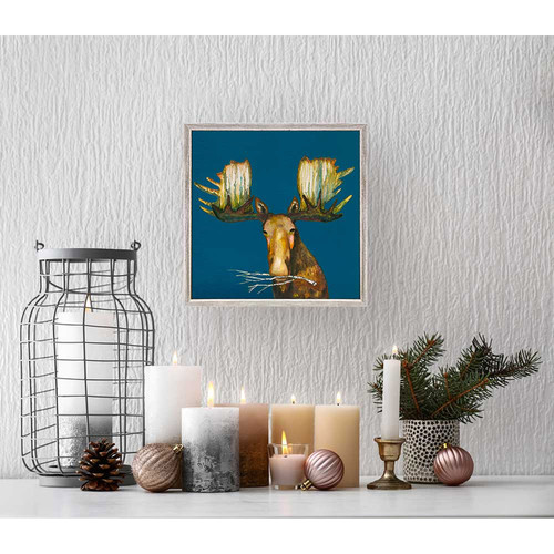 Holiday - Moose With Branch - White Frame Mini Framed Canvas