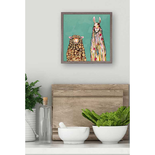 Llama Loves Sheep On Teal Mini Framed Canvas