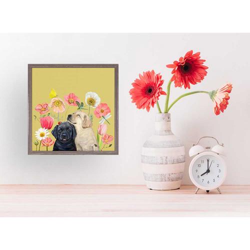 Pups And Bugs - Black And Yellow Labs Mini Framed Canvas