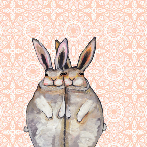Bunny Friends On Bohemian Pattern Stretched Canvas Wall Art