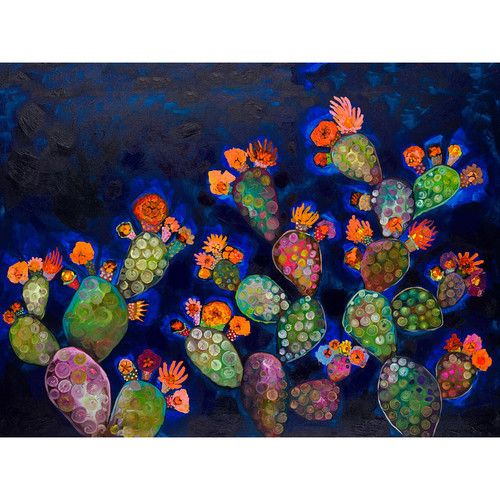 Blooming Prickly Pears - Orange and Blue Stretched Canvas Wall Art