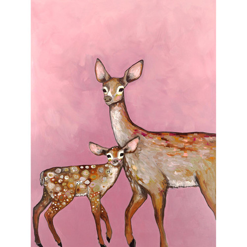 Deer With Fawn - Pink Stretched Canvas Wall Art