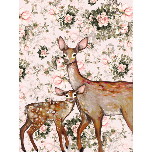 Deer with Fawn - Floral Stretched Canvas Wall Art