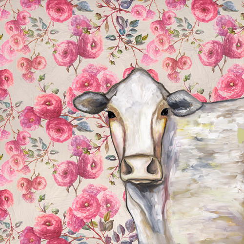 Cow - Floral Stretched Canvas Wall Art