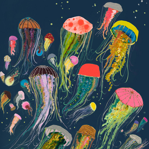 Floating Jellyfish Indigo Stretched Canvas Wall Art