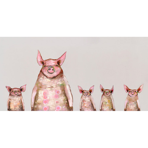 Five Piggies In A Row - Soft Gray Stretched Canvas Wall Art