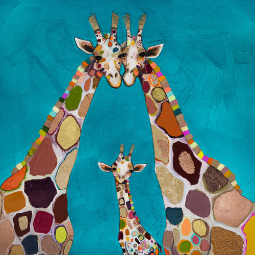 Giraffe Family In Turquoise Stretched Canvas Wall Art