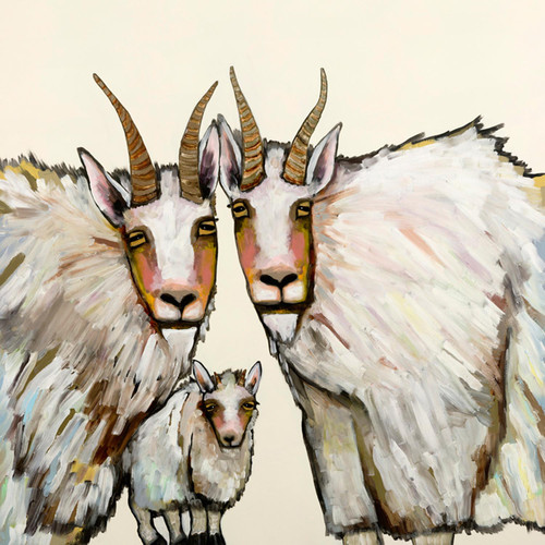 Mountain Goat Family Portrait - Cream Stretched Canvas Wall Art