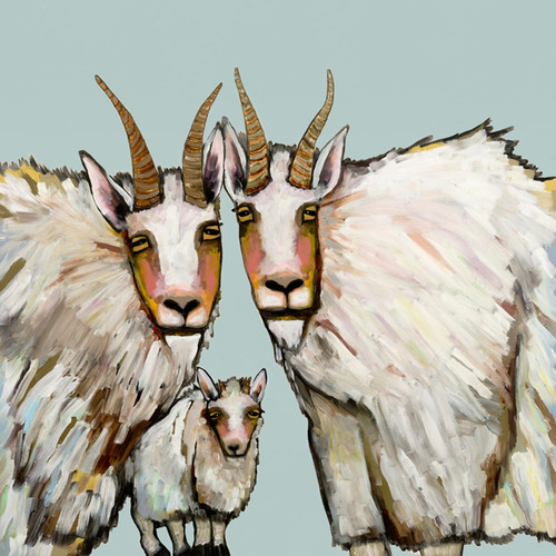 Mountain Goat Family Portrait - Blue Stretched Canvas Wall Art