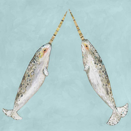 Narwhal Duo On Aqua Stretched Canvas Wall Art