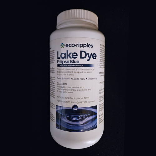 Eco Ripples eclipse blue lake water dye tints the water a pleasing blue color, beautifying cloudy water. For use in lakes, ponds and decorative water features with little or no outflow.  Quart bottle, follow label directions for volume coverage.