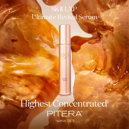 SK-II LXP Ultimate Revival Serum in rose-gold bottle, hydrating and anti-aging for radiant, youthful skin