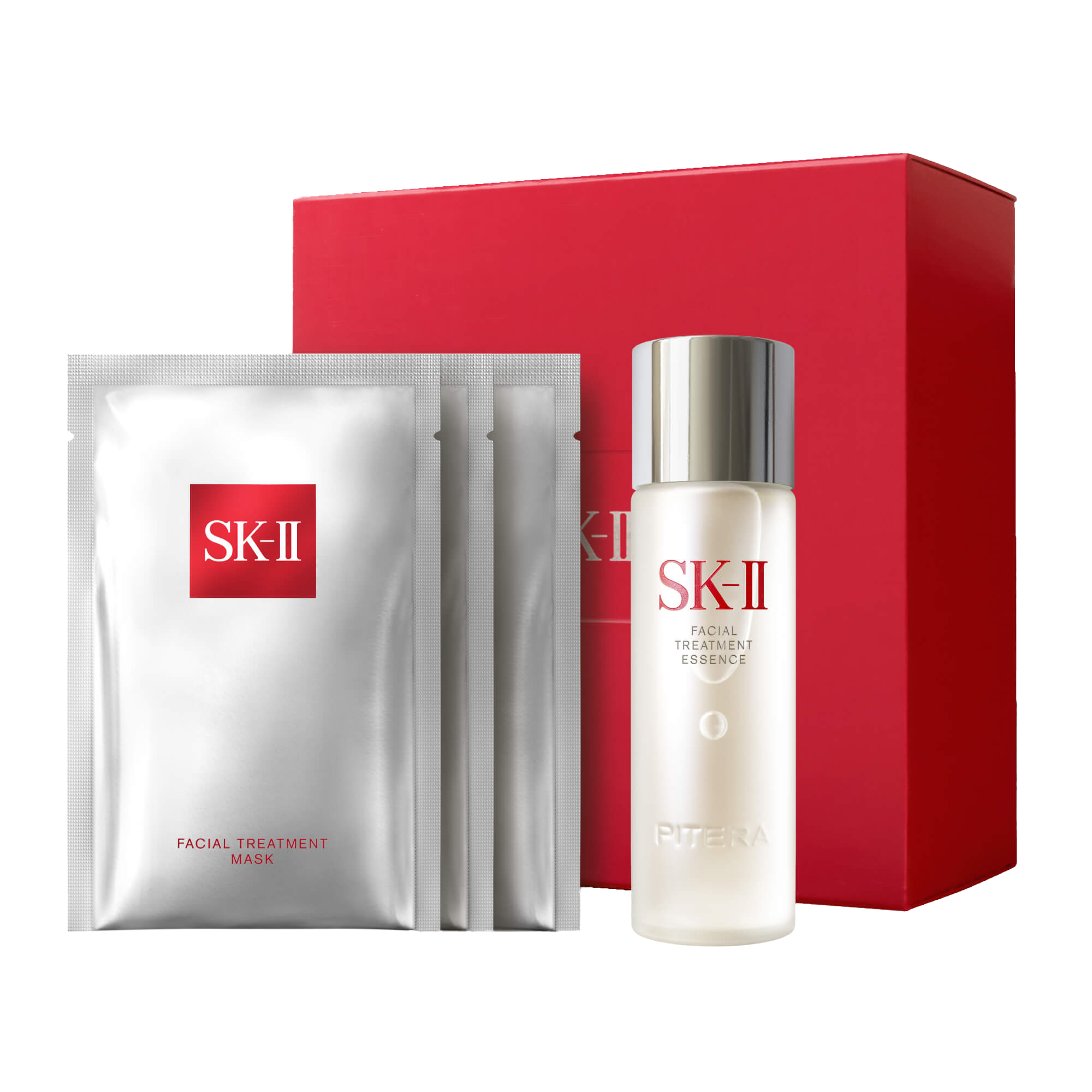 SK-II Glow Up Duo skincare gift set with Facial Treatment Essence (Pitera) and three Facial Treatment Mask sheet masks in red box - SK-II US