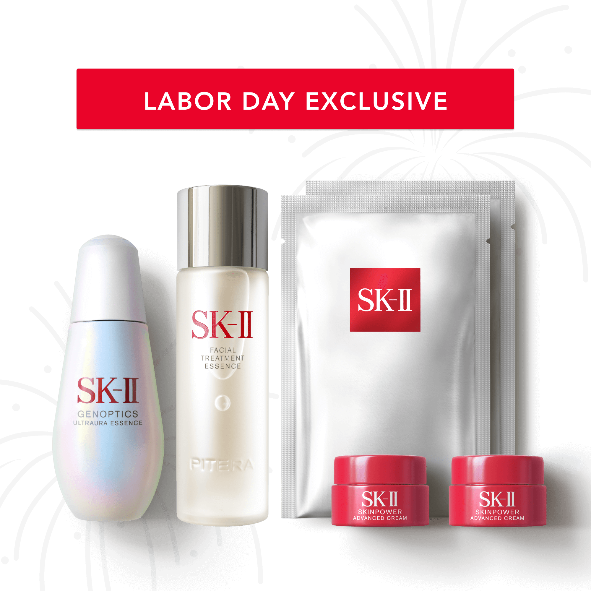 SK-II’s limited edition skincare set featuring the award-winning Facial Treatment Essence, GenOptics Ultraura Essence, two Facial Treatment Masks, and two SKINPOWER Advanced Cream samples