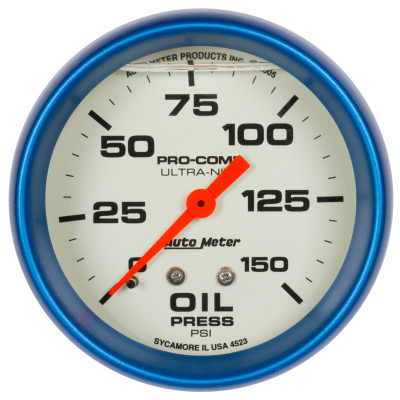 Autometer Ultra-Nite 2-5/8in 0-150 PSI Liquid Filled Mechanical Glow In Dark Oil Pressure Gauge - 4223 Photo - Primary