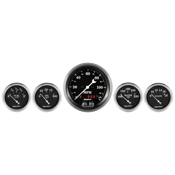 Auto Meter Gauge Kit 5 pc. 3 3/8in & 2 1/16in GPS Speedometer Old Tyme Black - 1750