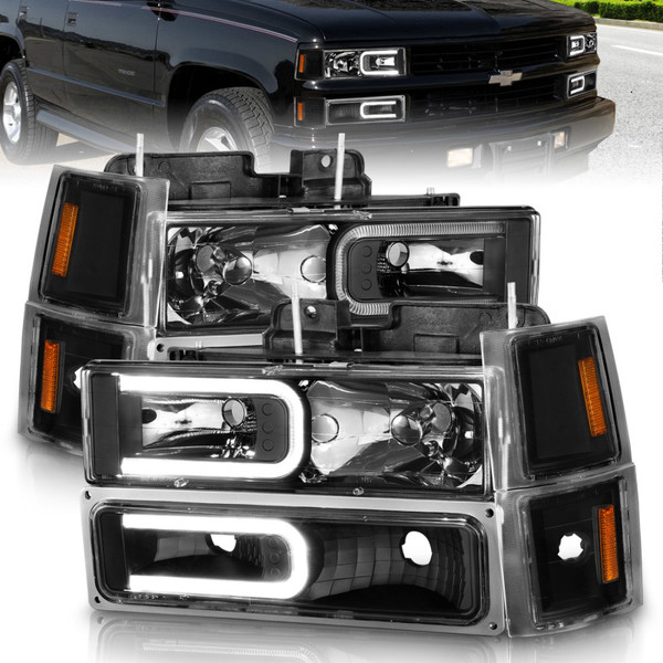 ANZO 88-98 Chevrolet C1500 Crystal Headlights w/ Light Bar Black Housing w/ Signal Side Markers 8Pcs - 111528