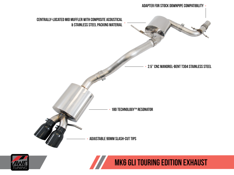 AWE Tuning Mk6 GLI 2.0T - Mk6 Jetta 1.8T Touring Edition Exhaust - Diamond Black Tips - 3015-23050