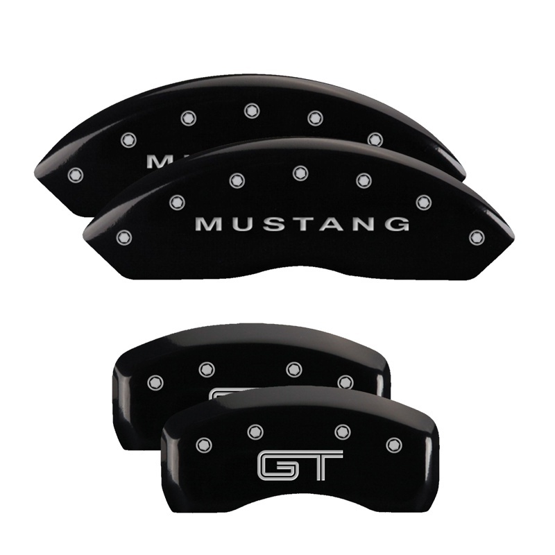 MGP 4 Caliper Covers Engraved Front Mustang Engraved Rear S197/GT Black finish silver ch - 10017SMG2BK