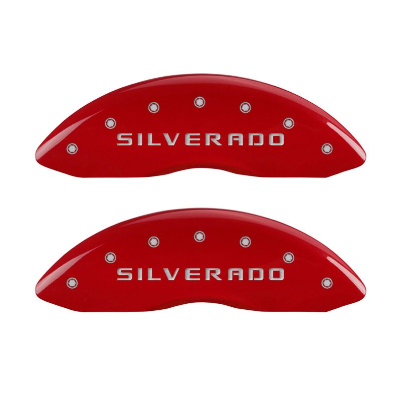 MGP 4 Caliper Covers Engraved Front & Rear Silverado Red finish silver ch - 14005SSILRD
