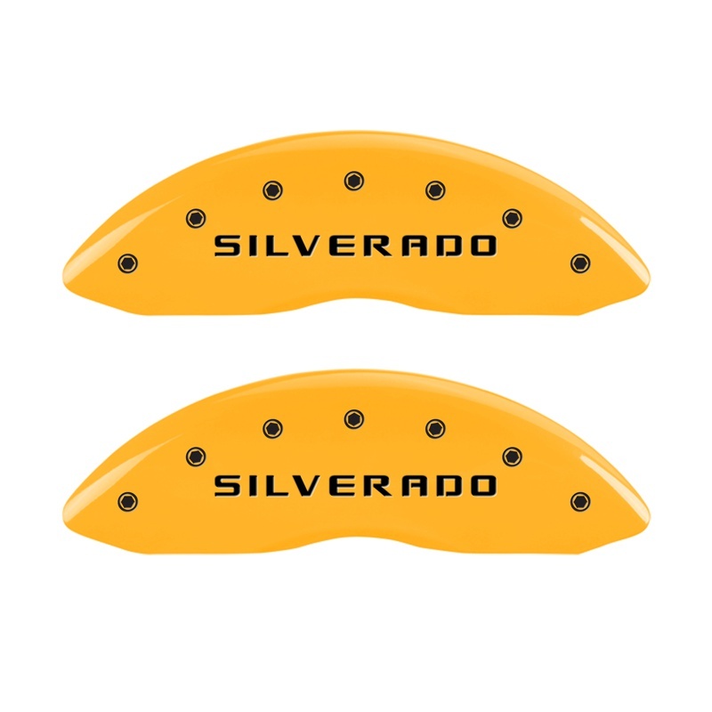 MGP Front set 2 Caliper Covers Engraved Front Silverado Yellow finish black ch - 14207FSILYL