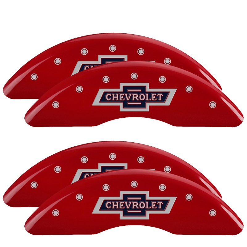 MGP 4 Caliper Covers Engraved F & R 100th Anniv Red Finish Silver Char 2019 Chevy Silverado 3500 HD - 14173SBANRD